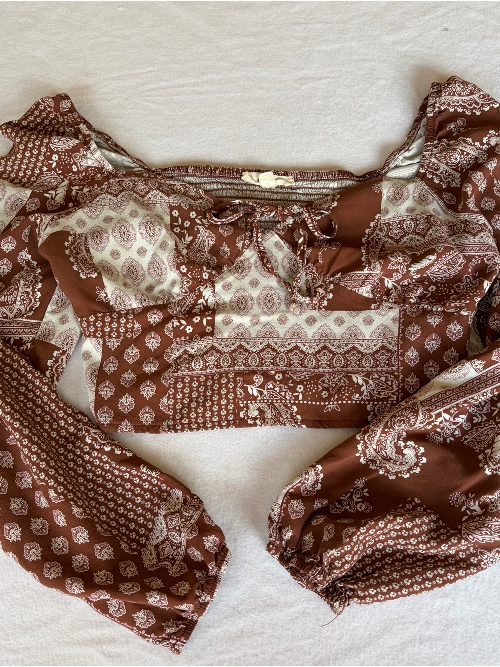 Boho Earthy Brown Paisley Tie-Front Crop Top Small